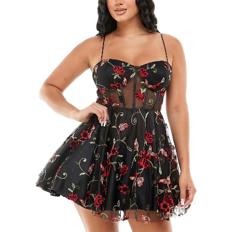 Bee Darlin Womens Juniors Embroidered Floral Mini Dress Casual High-Waist Mini Dress Bee Darlin Womens Juniors Embroidered Floral Mini Dress Casual High-Waist Mini Dress