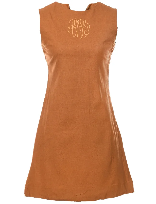 Embroidered Brown 1960s Mini Dress - XS Fashionable Denim Mini Dress