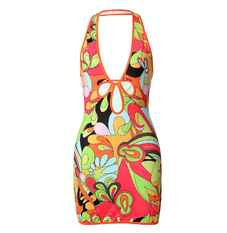 Jaded London Multi-coloured Retro Print Plunge Halter Mini Dress UK 10 Cozy T-Shirt Mini Dress Jaded London Multi-coloured Retro Print Plunge Halter Mini Dress UK 10 Cozy T-Shirt Mini Dress