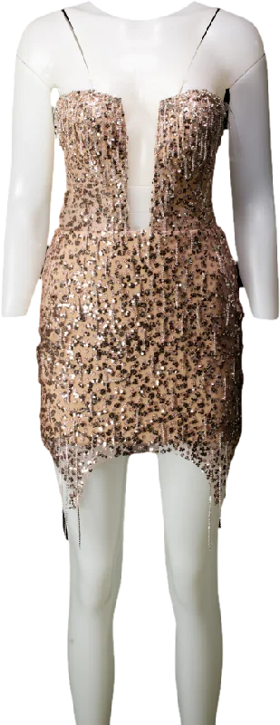 Milla Metallic Radiant Embellished Mini Dress In Gold With A Plunging Neckline UK XS Fashionable Lace Mini Dress Milla Metallic Radiant Embellished Mini Dress In Gold With A Plunging Neckline UK XS Fashionable Lace Mini Dress