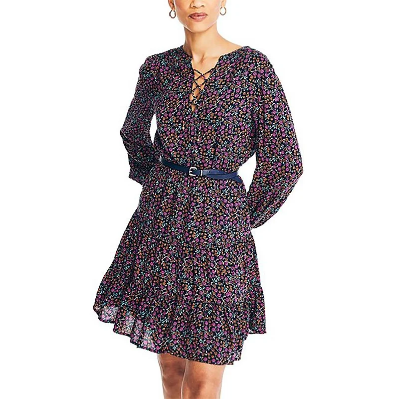 Nautica Womens Floral Tiered Mini Dress Cozy Long Sleeve Mini Dress