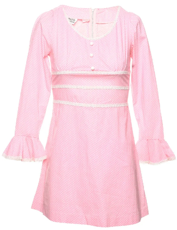 Polka Dot Print Pink & White 1960s Mini Dress - XS Stylish Sweetheart Mini Dress
