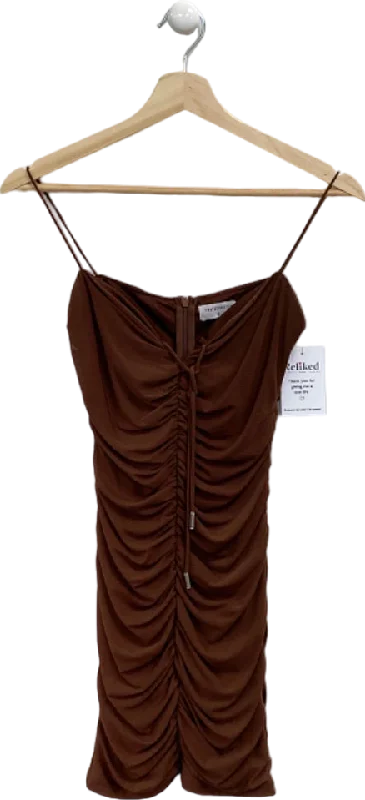 ThatsSoFetch Brown Ruched Mini Dress UK 6 Modern Satin Mini Dress