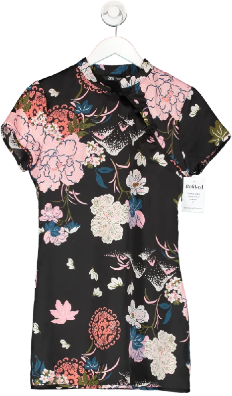 ZARA Black Satin Floral Mandarin Style Mini Dress UK M Chic Tropical Mini Dress