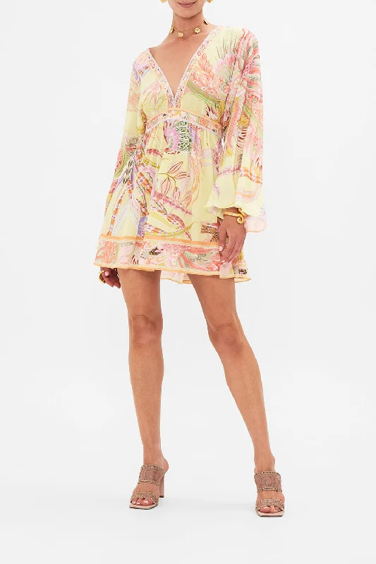 GATHERED KIMONO MINI DRESS COSMIC TUSCAN