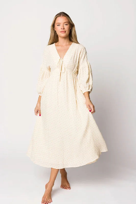 Hunter 100% Cotton Gauze Midi Dress in Natural/Brown Floral Bump Friendly (Fully Lined) Elegant Floral Appliqué Midi Dress