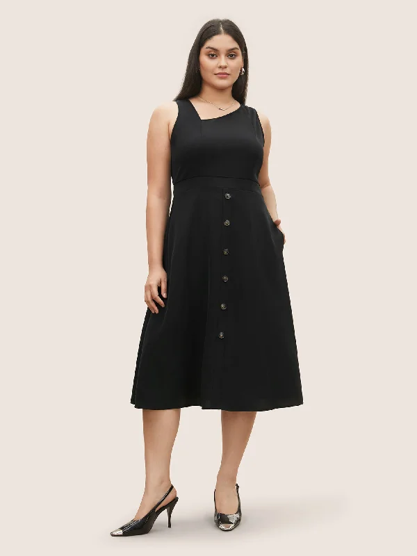 Asymmetrical Neck Button Detail Midi Dress