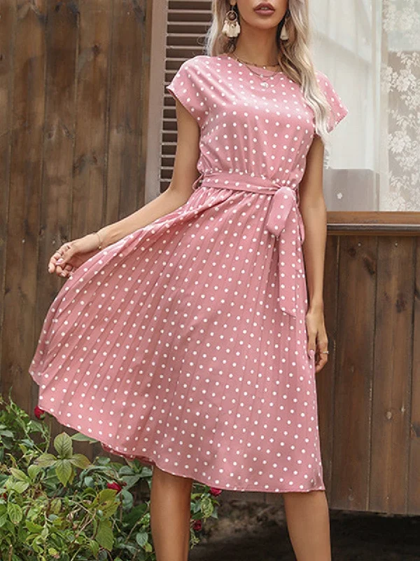 Belted Pleated Midi Dress, Polka Dot Print