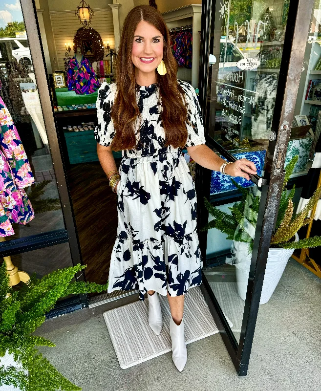 Black and White Flowered Midi Dress