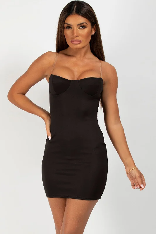 Black Clear Strap Cup Detail Bodycon Mini Dress