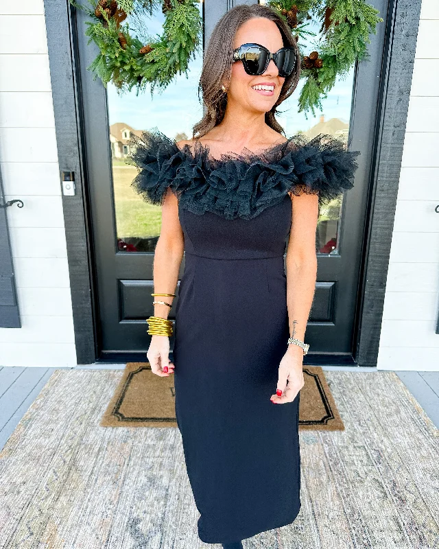 Black Off-The-Shoulder Midi Dress Elegant Maxi-Midi Hybrid Dress