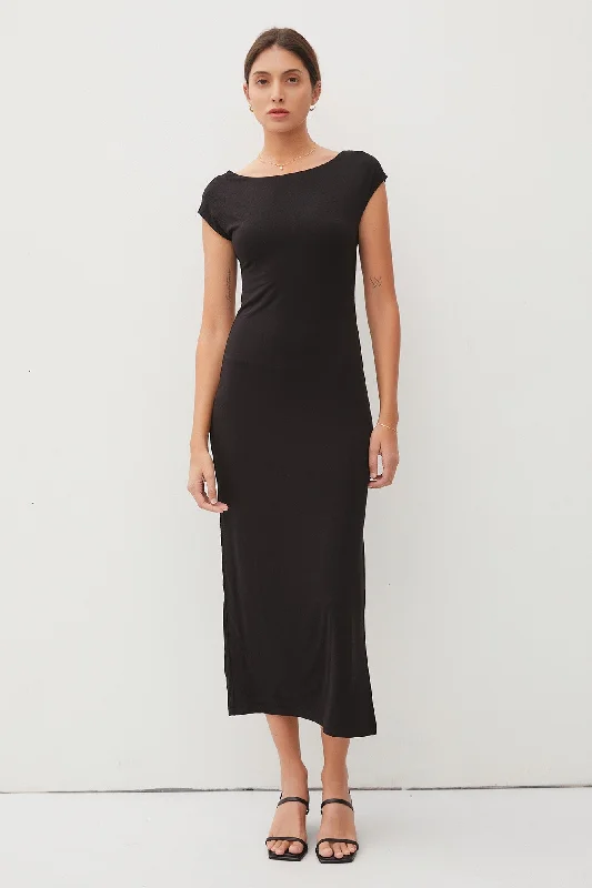 Boat Neck Cap Sleeve Midi Dress Trendy Mock Neck Midi Dress