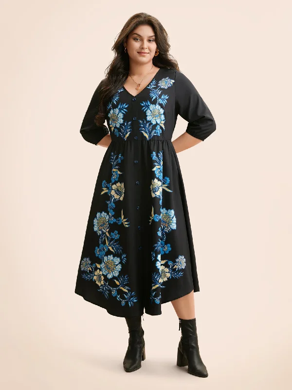 Boho Print Lantern Sleeve Midi Dress