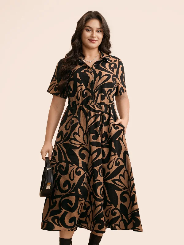 Boho Print Shirt Collar Midi Dress