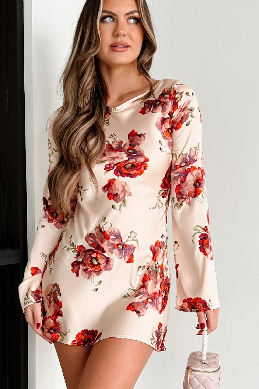 Call Me Lovely Satin Floral Mini Dress (Cream)