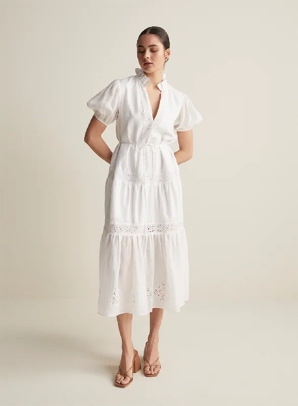 Cecile Linen Midi Dress | Optical White | Restock Trendy Off-Shoulder Button Midi Dress Cecile Linen Midi Dress | Optical White | Restock Trendy Off-Shoulder Button Midi Dress