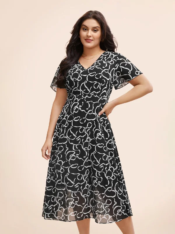 Chiffon Bowknot Print Ruffle Sleeve Midi Dress