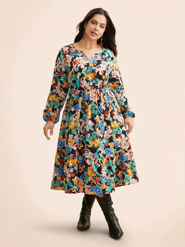 Colored Floral Notched Elastic Waist Midi Dress