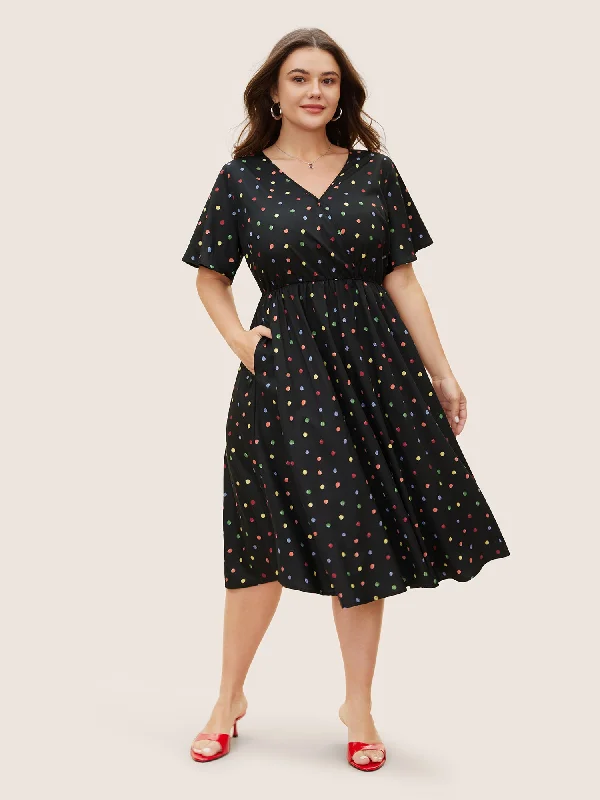 Colored Polka Dot Overlap Collar Midi Dress