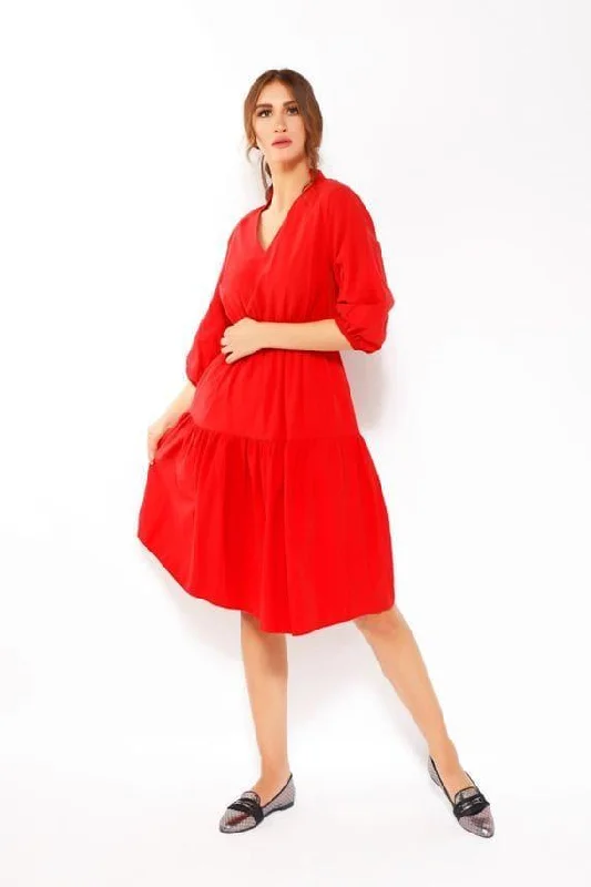 PUFF SLEEVE MIDI DRESS IN RED Comfortable Empire Waist Midi Dress