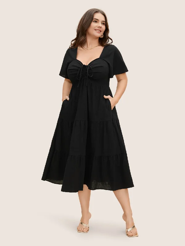 Cotton Heart Neckline Drawstring Gathered Midi Dress