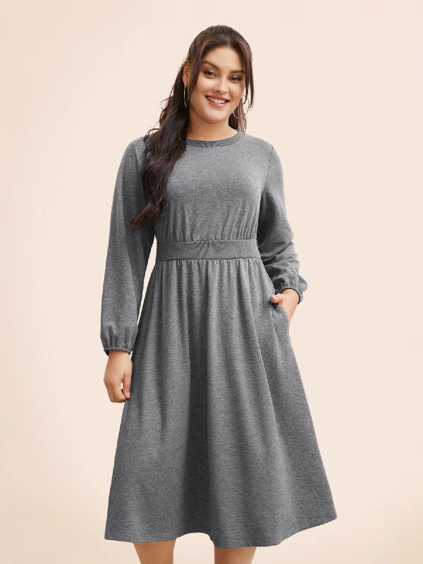 Crew Neck Elastic Waist Midi Dress