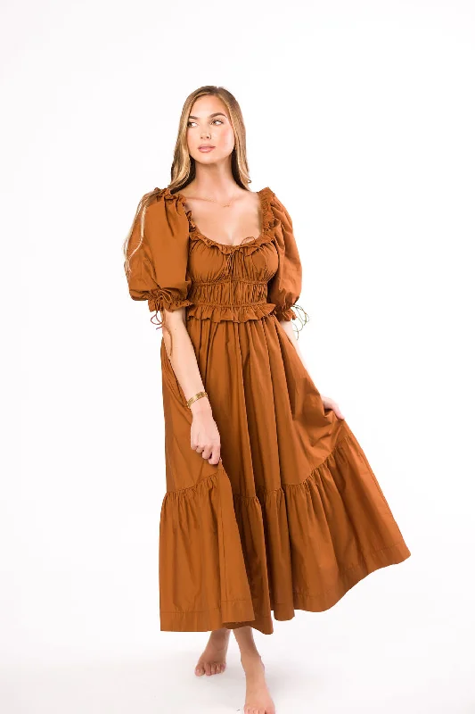 Crissy Ruched Midi Dress in Brown - Bump Friendly PRE-ORDER Elegant Floral Skirt Midi Dress Crissy Ruched Midi Dress in Brown - Bump Friendly PRE-ORDER Elegant Floral Skirt Midi Dress