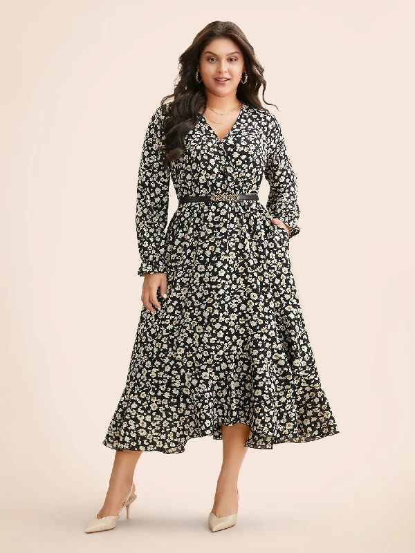 Ditsy Floral Overlap Collar Midi Dress