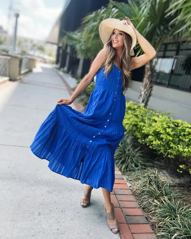 Duffield Lane X Lucky Knot Exclusive Duxbury Midi Dress - Bright Blue Metallic Fashionable High-Low Midi Dress Duffield Lane X Lucky Knot Exclusive Duxbury Midi Dress - Bright Blue Metallic Fashionable High-Low Midi Dress