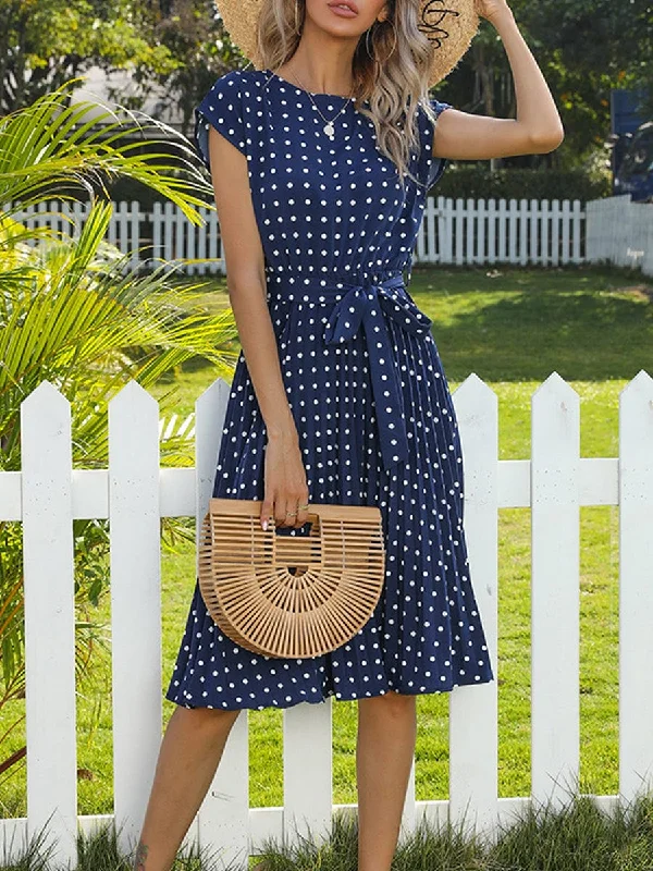 Elegant Polka Dot Midi Dress with Pleated Skirt and Belt