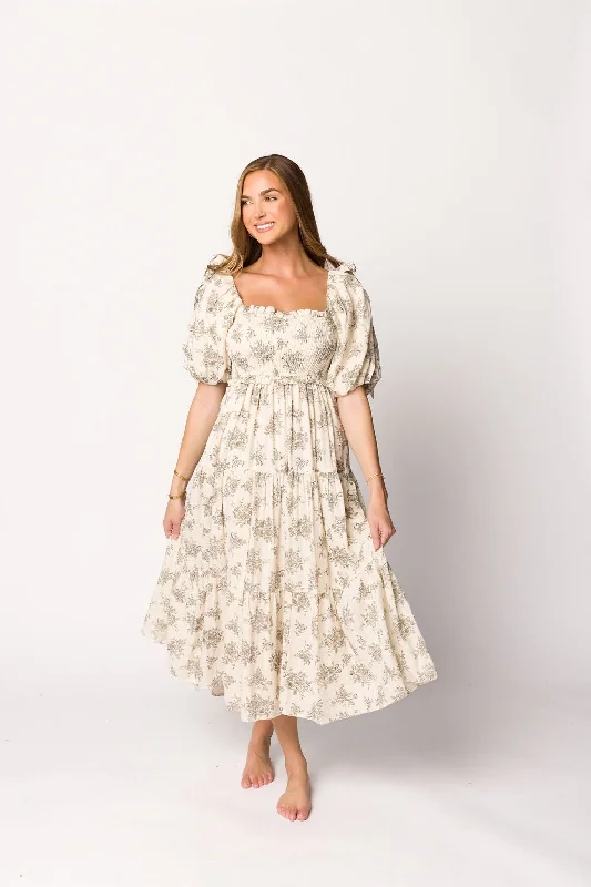 Elena 100% Cotton Toile Print Smocked Midi Dress in Ivory PRE-ORDER Chic Off-Shoulder Midi Dress Elena 100% Cotton Toile Print Smocked Midi Dress in Ivory PRE-ORDER Chic Off-Shoulder Midi Dress