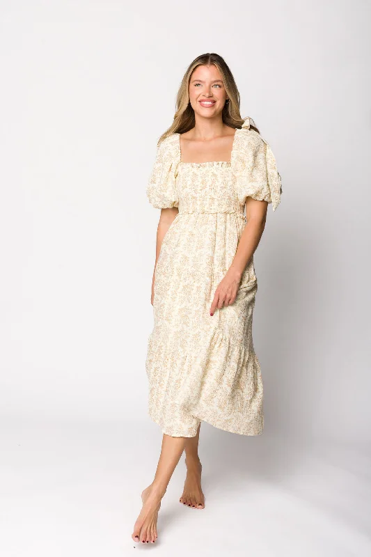Elena 100% Cotton Toile Print Smocked Midi Dress in Light Brown PRE-ORDER Elegant Floral Midi Dress Elena 100% Cotton Toile Print Smocked Midi Dress in Light Brown PRE-ORDER Elegant Floral Midi Dress