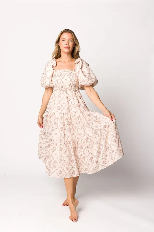 Elena 100% Cotton Toile Print Smocked Midi Dress in Mocha PRE-ORDER Stylish Pleated Skirt Midi Dress Elena 100% Cotton Toile Print Smocked Midi Dress in Mocha PRE-ORDER Stylish Pleated Skirt Midi Dress