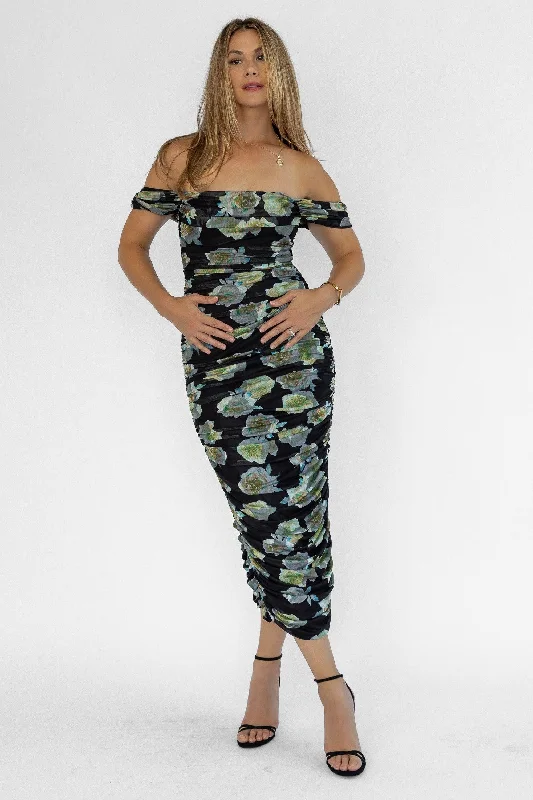 Elodie Black Floral Ruched Midi Dress Comfortable Button Front Midi Dress