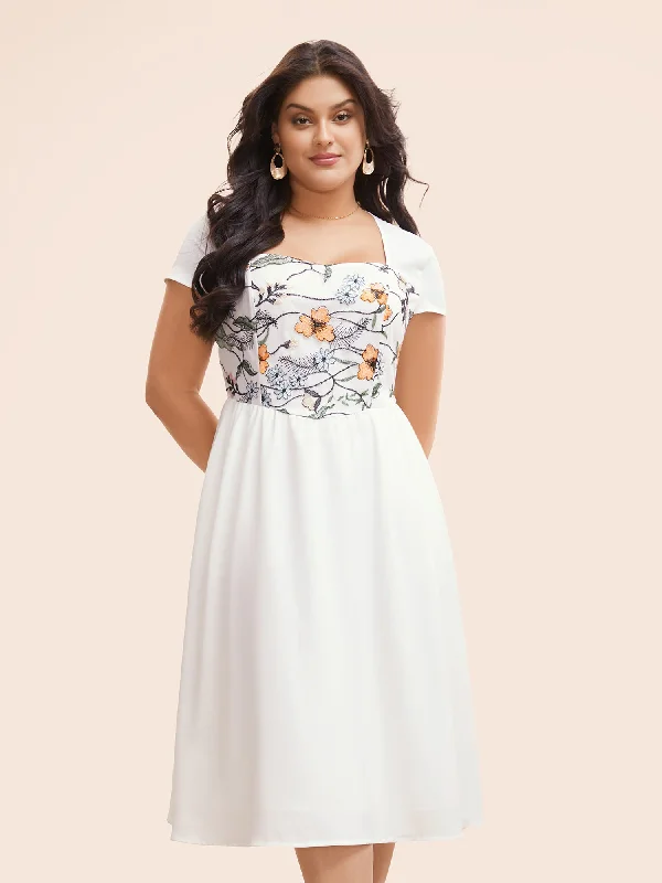 Floral Embroidered Heart Neckline Midi Dress