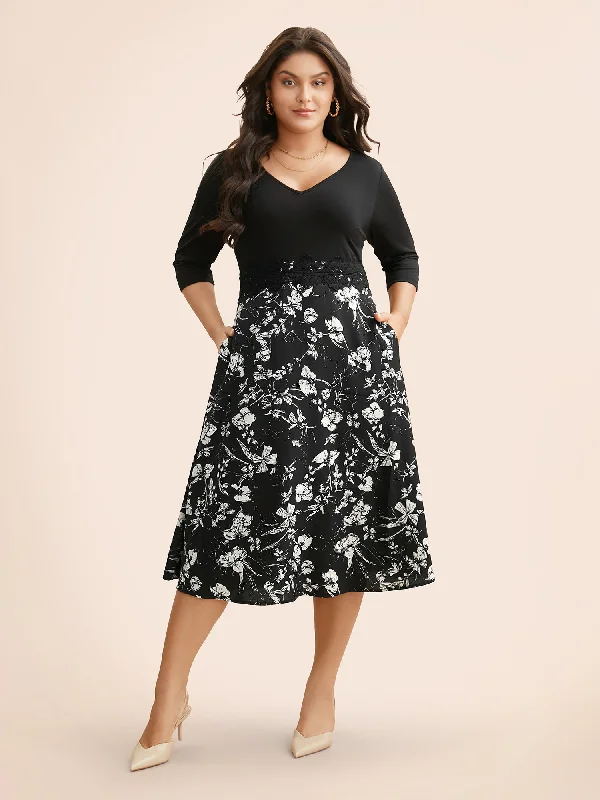 Floral Patchwork Lace Trim Midi Dress