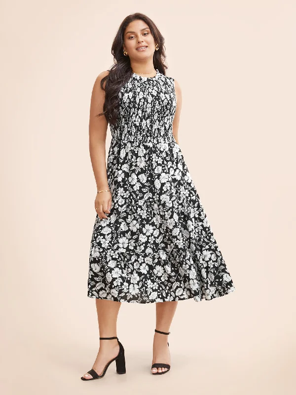 Floral Print Shirred Sleeveless Midi Dress