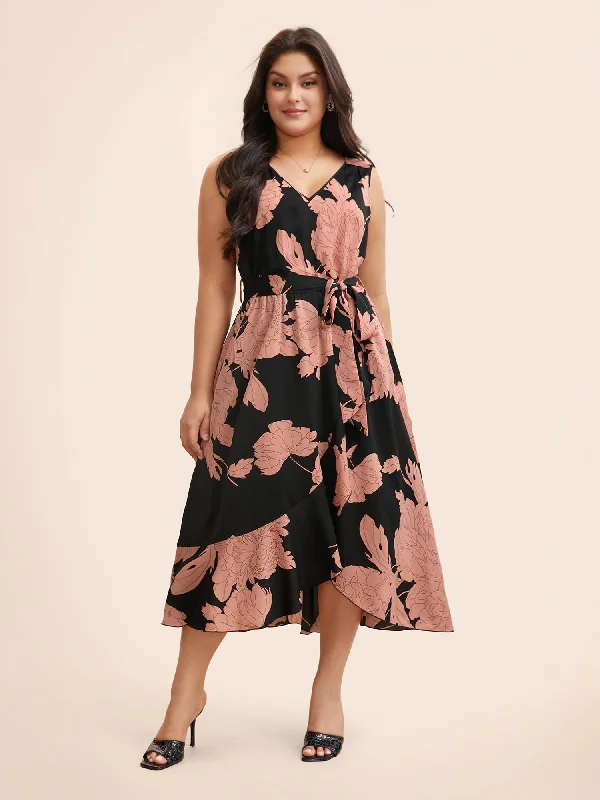 Floral Ruffle Trim Sleeveless Midi Dress