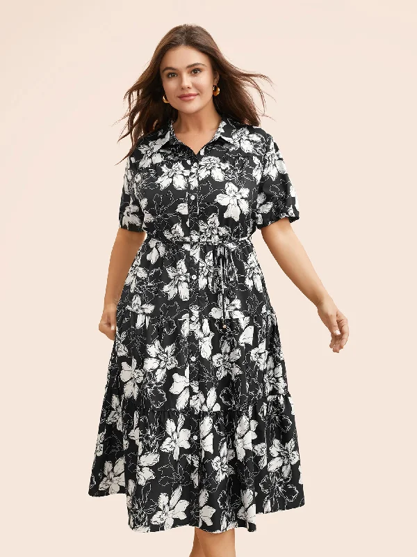 Floral Shirt Collar Belted Midi Dress