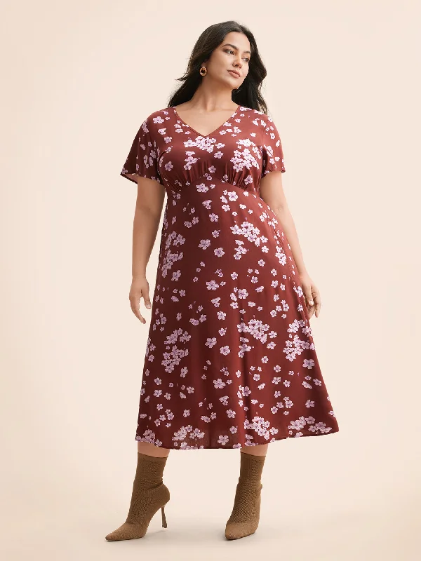 Floral V Neck Gathered Midi Dress