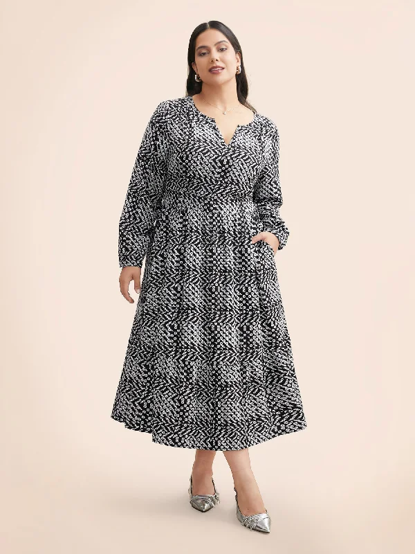 Geometric Notched Lantern Sleeve Midi Dress