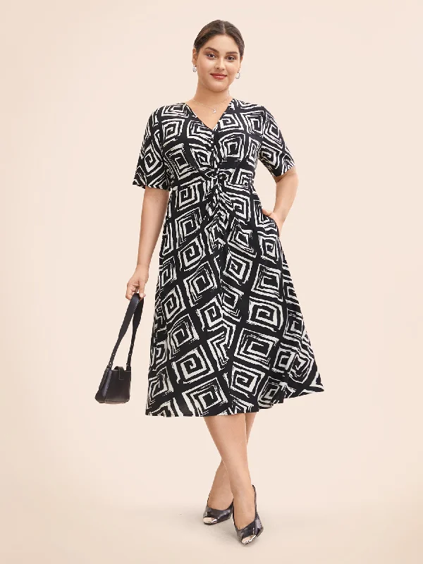 Geometric Twist Front Midi Dress