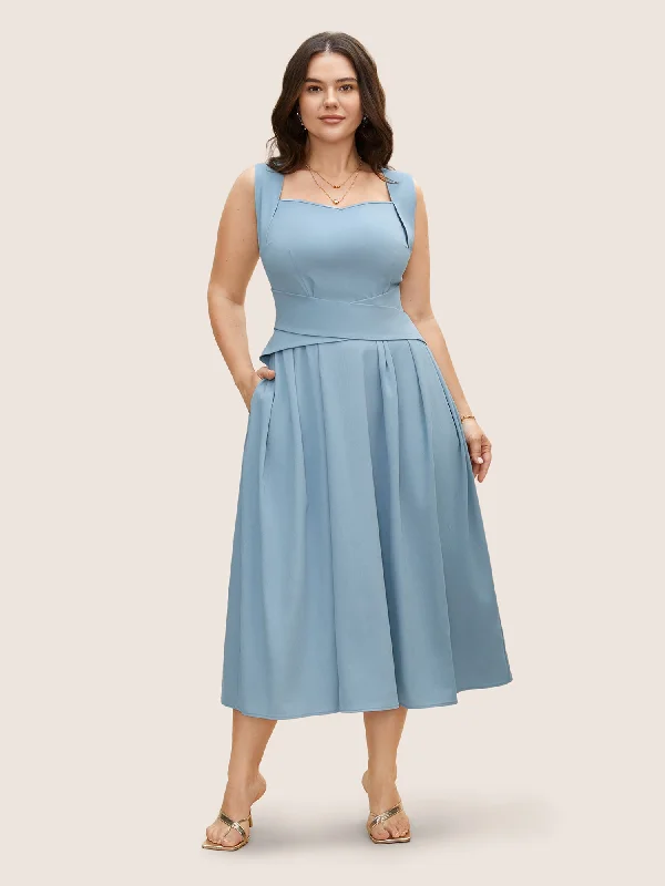 Heart Neckline Crossover Shirred Midi Dress