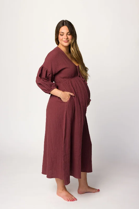 Hunter 100% Cotton Gauze Midi Dress in Redwood (Plum) (Low Stock) Stylish Silk Midi Dress Hunter 100% Cotton Gauze Midi Dress in Redwood (Plum) (Low Stock) Stylish Silk Midi Dress