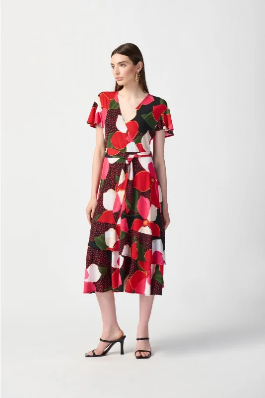 Joseph Ribkoff Black/Multi Floral Print Belted Faux Wrap Midi Dress 241285 Elegant Floral Midi Dress Joseph Ribkoff Black/Multi Floral Print Belted Faux Wrap Midi Dress 241285 Elegant Floral Midi Dress