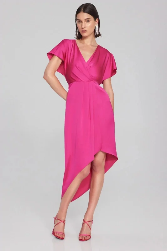 Joseph Ribkoff Shocking Pink Faux Wrap Hi-Low Asymmetric Midi Dress 241777 Trendy Off-Shoulder Button Midi Dress Joseph Ribkoff Shocking Pink Faux Wrap Hi-Low Asymmetric Midi Dress 241777 Trendy Off-Shoulder Button Midi Dress