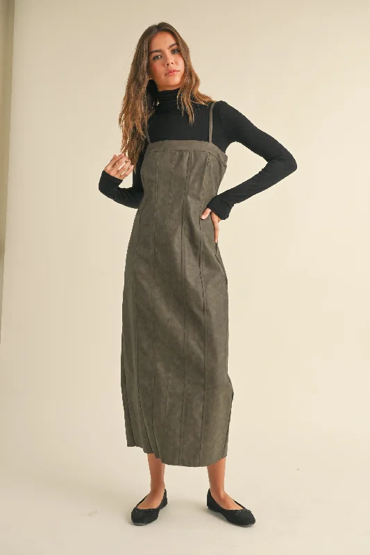 Mineral Wash Effect PU Midi Dress Comfortable Sleeveless Midi Dress