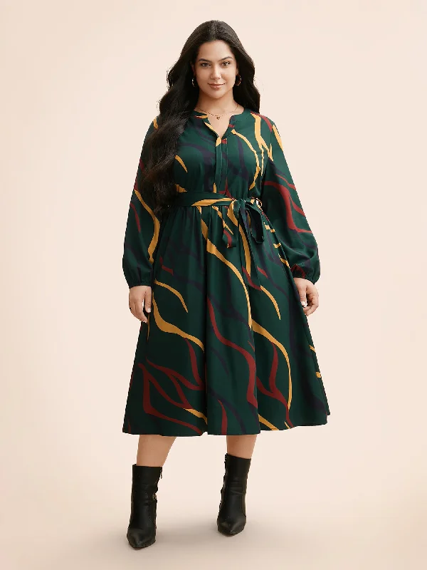 Notched Geometric Belted Midi Dress