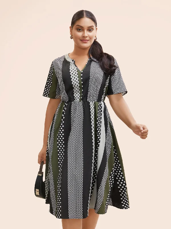 Notched Geometric Patchwork Contrast Midi Dress