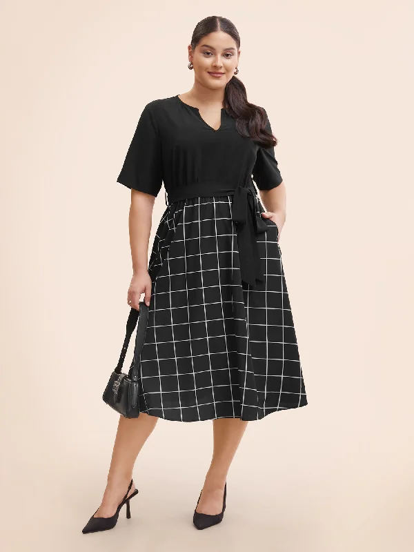 Notched Plaid Patchwork Belted Midi Dress